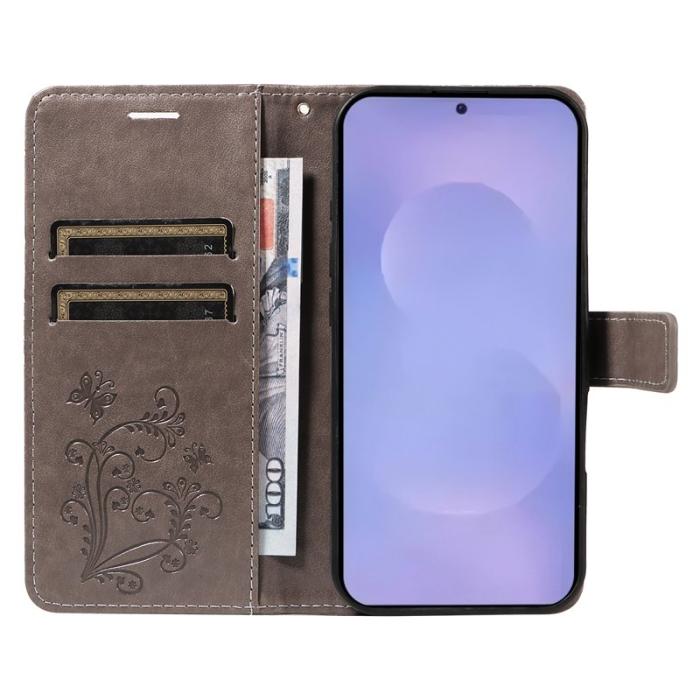 OEM - Samsung Galaxy S26 / S26 Pro Fodral Blommönster Äkta Läder - Grå