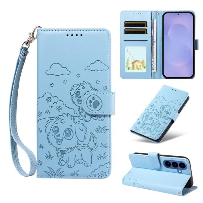 OEM - Samsung Galaxy S26/S26 Pro Skal RFID Skydd Konstläder Hundmönster - Blå
