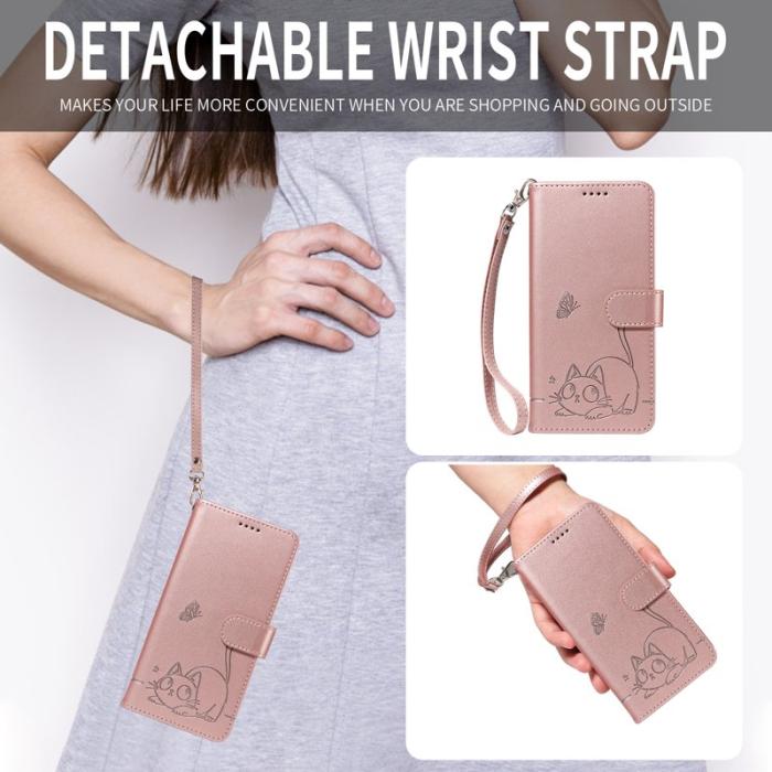 OEM - Samsung Galaxy S26+ Skal Kattmönster Prägling Äkta Läder - Roséguld