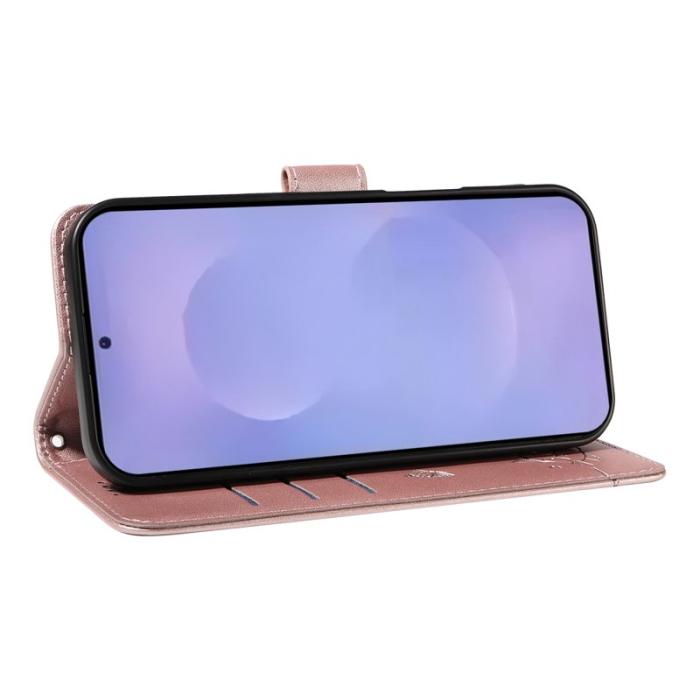 OEM - Samsung Galaxy S26+ Skal Kattmönster Prägling Äkta Läder - Roséguld