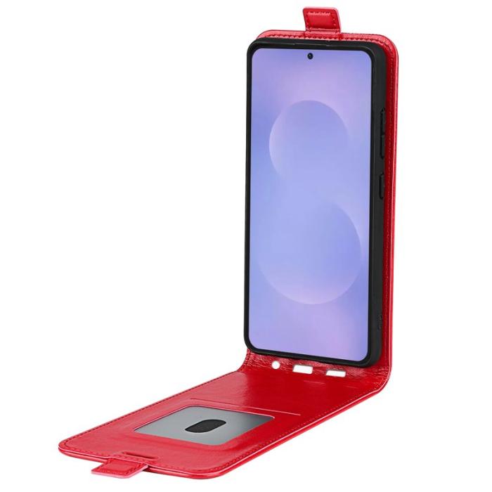 OEM - Samsung Galaxy S26 Skal Med Kortfickor Vertikal Flip Äkta Läder - Röd