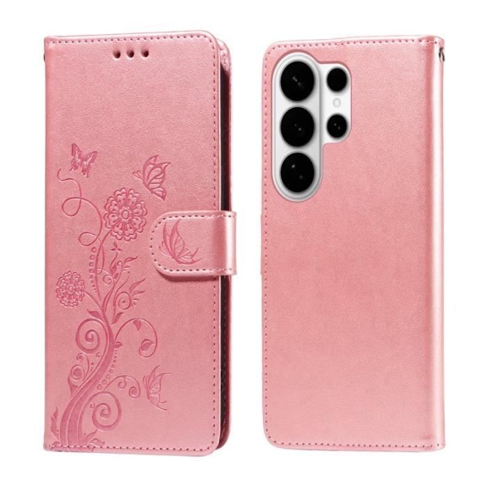 OEM - Samsung Galaxy S26 Ultra Fodral Äkta Läder Blomtryck - Rosa