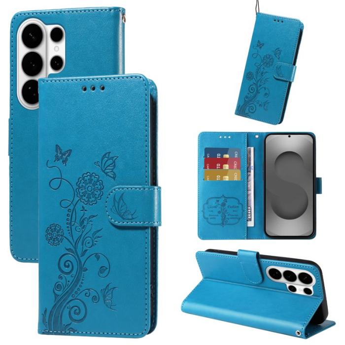 OEM - Samsung Galaxy S26 Ultra Fodral Äkta Läder Blomtryck Ställ - Blå