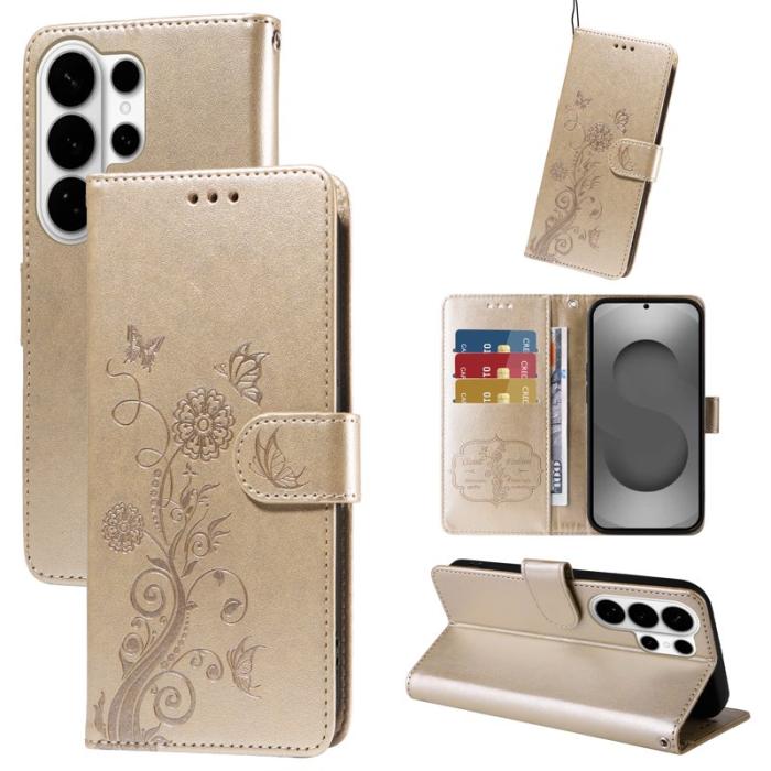 OEM - Samsung Galaxy S26 Ultra Fodral Äkta Läder Blomtryck Ställ - Guld