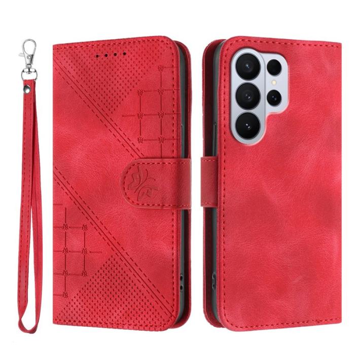 OEM - Samsung Galaxy S26 Ultra Fodral Äkta Läder Fjäril Blomma - Röd