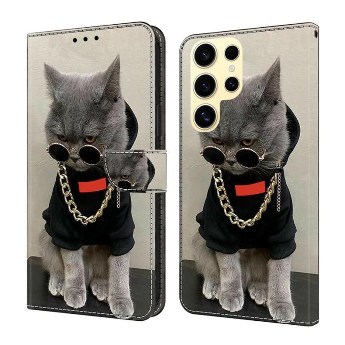 OEM - Samsung Galaxy S26 Ultra Fodral Äkta Läder Mönster - Katt med Glasögon