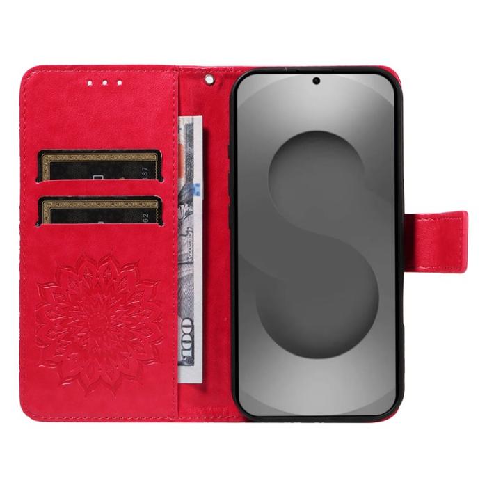 OEM - Samsung Galaxy S26 Ultra Fodral Äkta Läder Solrosmönster - Röd
