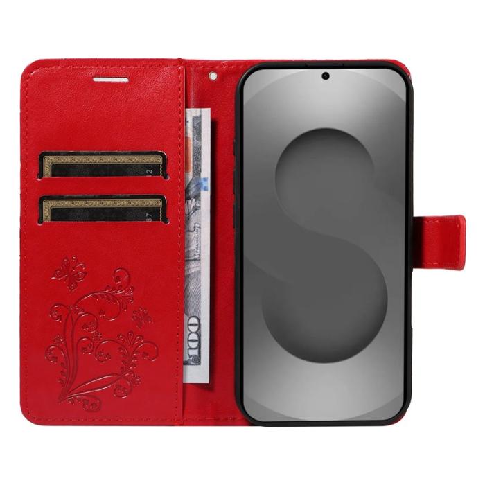 OEM - Samsung Galaxy S26 Ultra Fodral Blommönster Imprägnat Äkta Läder - Röd