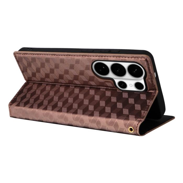 OEM - Samsung Galaxy S26 Ultra Fodral Rhombus Pr präglat Äkta Läder - Brun