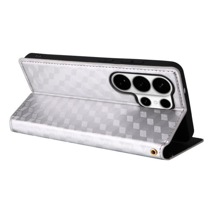 OEM - Samsung Galaxy S26 Ultra Fodral Rhombus Pr präglat Äkta Läder - Silver