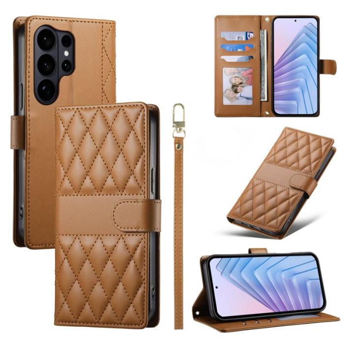 OEM - Samsung Galaxy S26 Ultra Fodral Rhombus Sömmar Äkta Läder - Brun