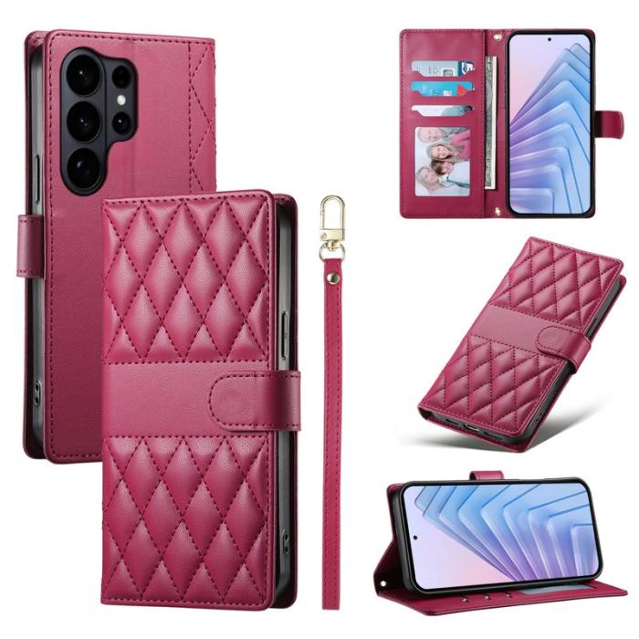 OEM - Samsung Galaxy S26 Ultra Fodral Rhombus Sömnad Äkta Läder - Röd