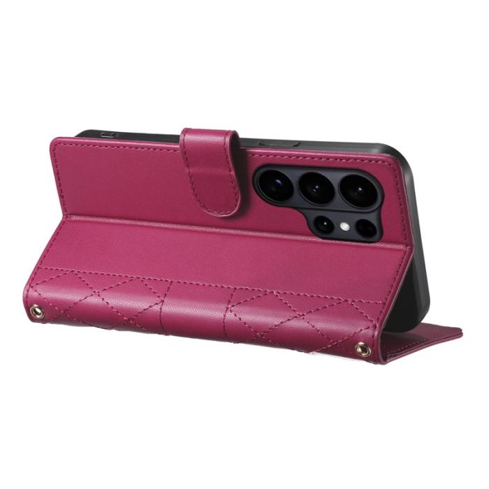 OEM - Samsung Galaxy S26 Ultra Fodral Rhombus Sömnad Äkta Läder - Röd