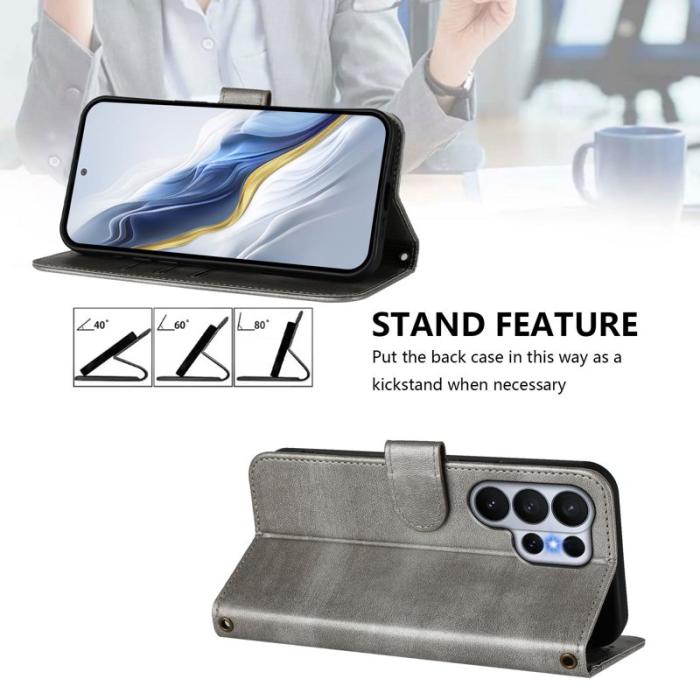 OEM - Samsung Galaxy S26 Ultra Fodral Ställ Retro Textur Äkta Läder - Grå
