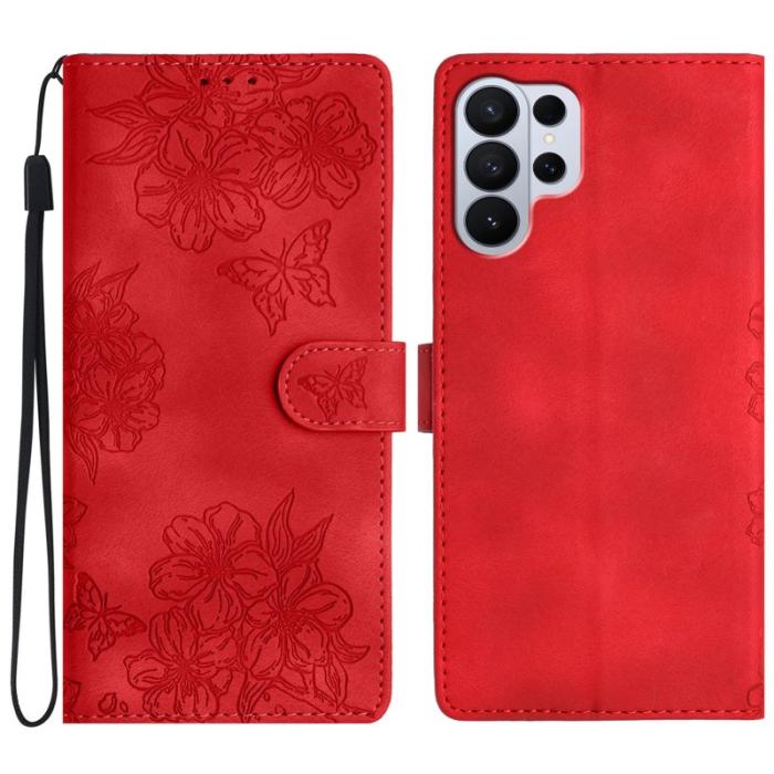OEM - Samsung Galaxy S26 Ultra Mobilskal KonstLäder Fjärilsblommor - Röd