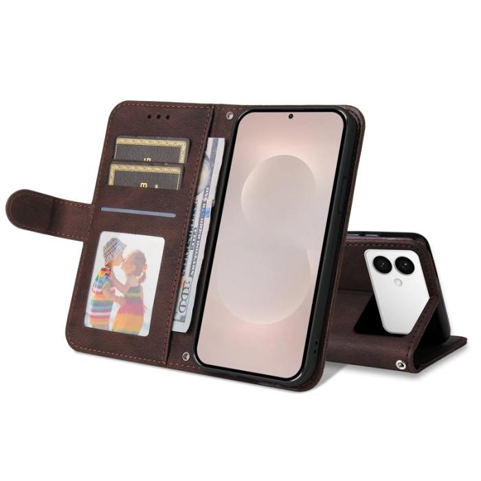 OEM - Samsung Galaxy S26 Edge Plånboksfodral Konstläder Ställ med Rem - Brun
