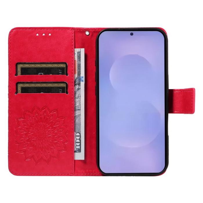 OEM - Samsung Galaxy S26 Plus Plånboksfodral Konstläder Solrosmönster - Röd