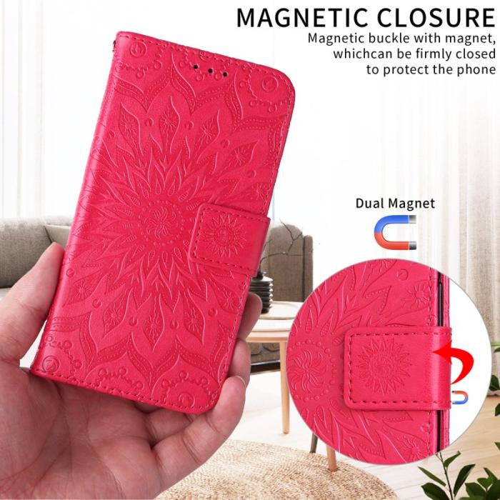 OEM - Samsung Galaxy S26 Plus Plånboksfodral Konstläder Solrosmönster - Röd