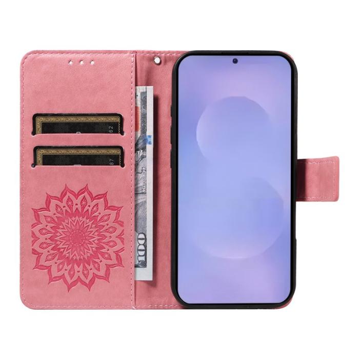 OEM - Samsung Galaxy S26 Plus Plånboksfodral Konstläder Solrostryck - Rosa