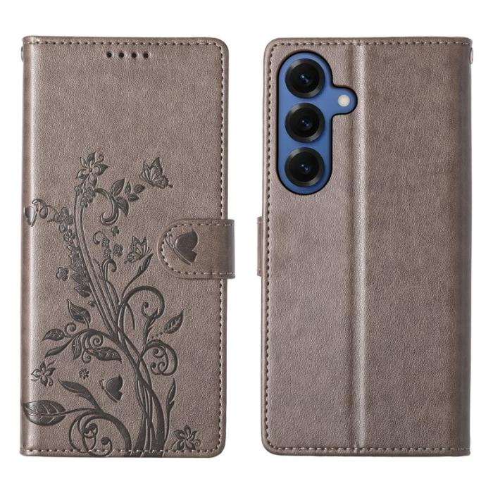 OEM - Samsung Galaxy S26 Plus Plånboksfodral Fjäril Blommönster Konstläder - Grå