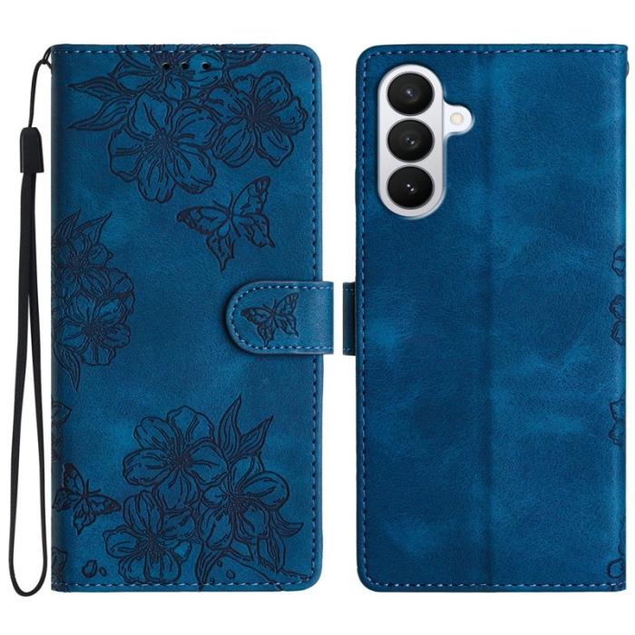 OEM - Samsung Galaxy S26 Pro Skal Konstläder Fjäril Blommönster - Blå