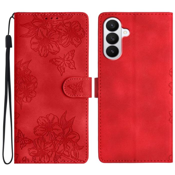 OEM - Samsung Galaxy S26 Pro Skal Konstläder Fjäril Blommönster - Röd