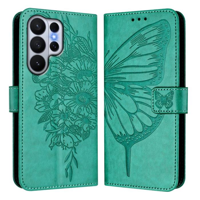 OEM - Samsung Galaxy S26 Ultra Fodral Äkta Läder Fjärilsimprint - Grön