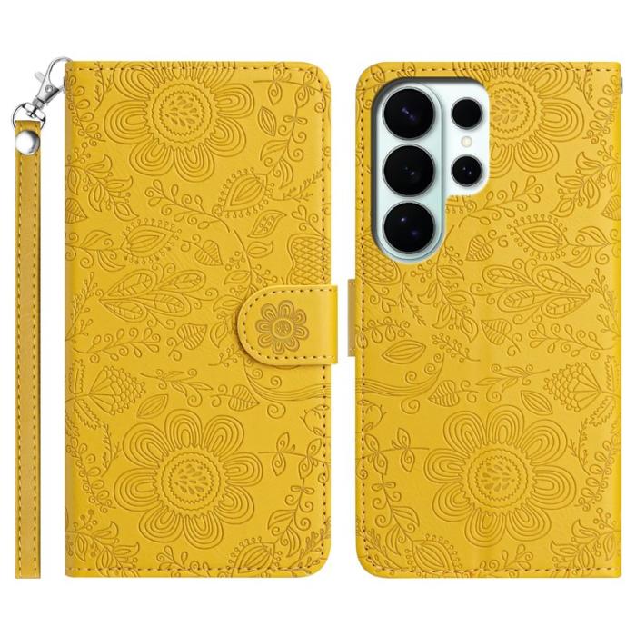 OEM - Samsung Galaxy S26 Ultra Fodral Blommönster Äkta Läder Flip - Gul