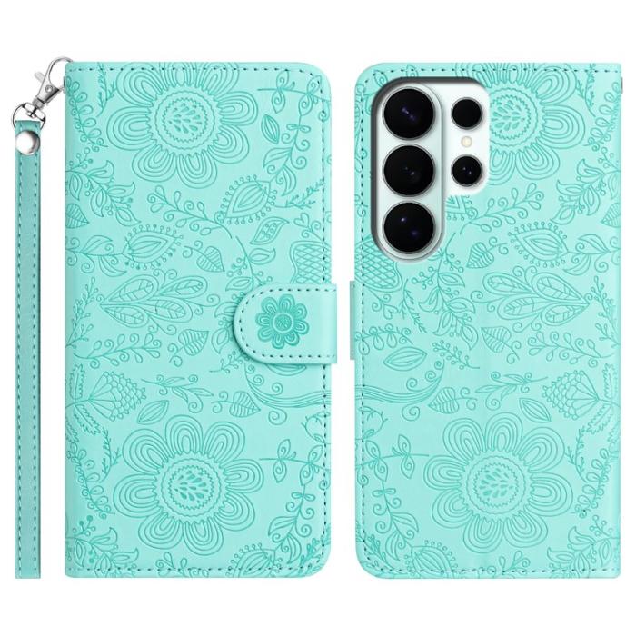 OEM - Samsung Galaxy S26 Ultra Fodral Blommönster Äkta Läder - Ljusgrön