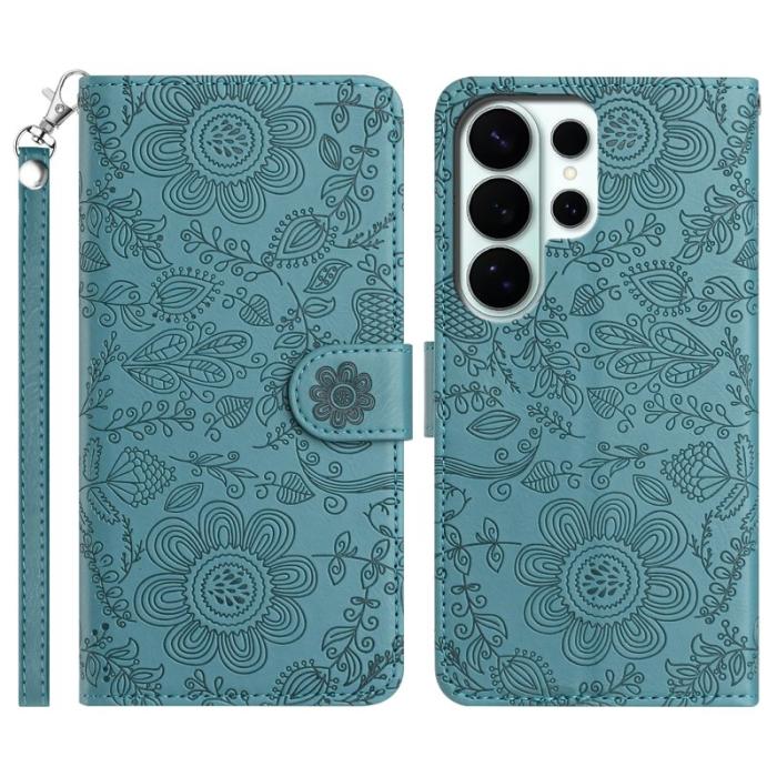 OEM - Samsung Galaxy S26 Ultra Fodral Blomtryck Äkta Läder - Svartgrön