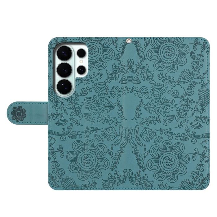 OEM - Samsung Galaxy S26 Ultra Fodral Blomtryck Äkta Läder - Svartgrön