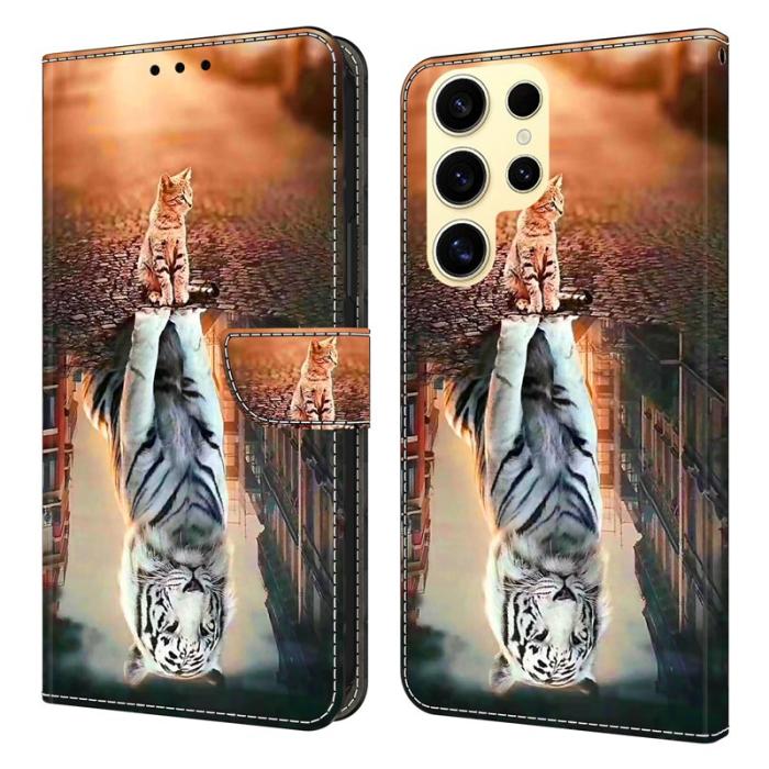 OEM - Samsung Galaxy S26 Ultra Fodral Magnetlås Mönster Äkta Läder - Katt och Tiger