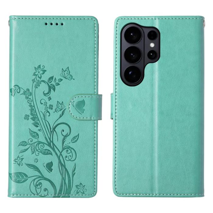 OEM - Samsung Galaxy S26 Ultra Fodral PU Läder Blomtryck - Grön