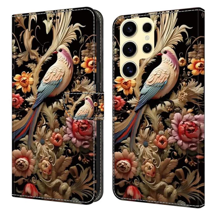 OEM - Samsung Galaxy S26 Ultra Fodral PU Läder Ställ - Vintage Blomma och Fågel