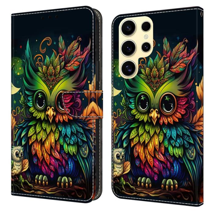 OEM - Samsung Galaxy S26 Ultra Mobilskal TPU + KonstLäder Flip - Färgglad Uggla