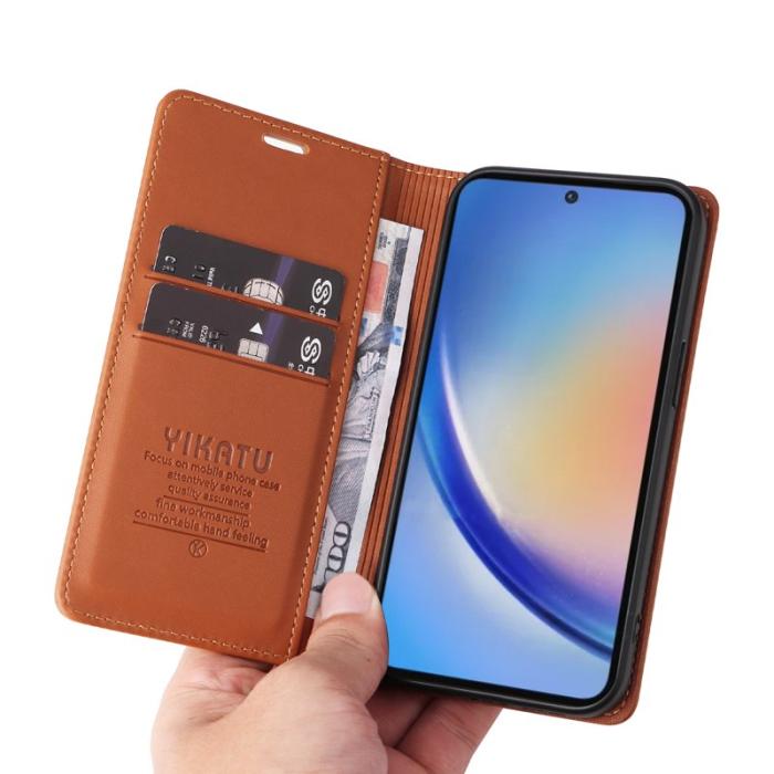 YIKATU - YIKATU Samsung Galaxy A35 5G Skal Magnetisk Stängning Äkta Läder - Brun