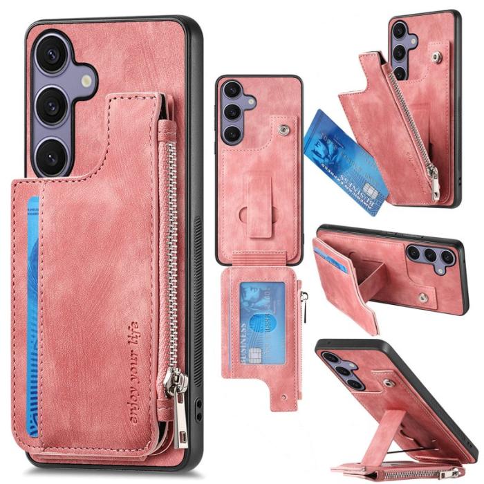 OEM - Zipper Samsung Galaxy A55 5G Skal Äkta Läder + Plast - Rosa