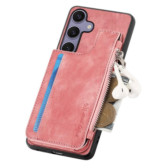 OEM - Zipper Samsung Galaxy A55 5G Skal Äkta Läder + Plast - Rosa