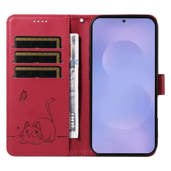 OEM - Cat Pattern Samsung Galaxy S26 / S26 Pro Skal Äkta Läder - Röd