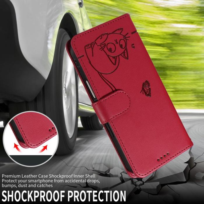 OEM - Cat Pattern Samsung Galaxy S26 / S26 Pro Skal Äkta Läder - Röd