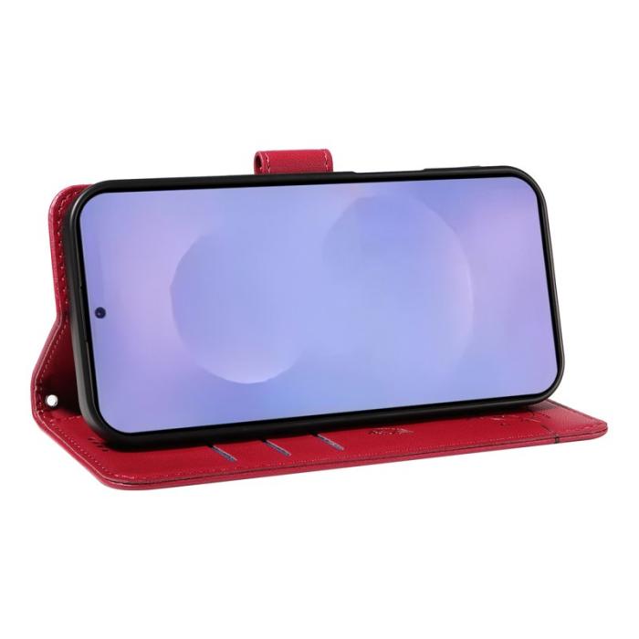 OEM - Cat Pattern Samsung Galaxy S26 / S26 Pro Skal Äkta Läder - Röd