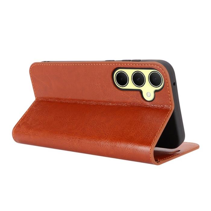 OEM - Crazy Horse Samsung Galaxy A35 5G Skal Äkta Läder Ställ - Ljusbrun