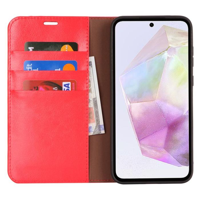 OEM - Crazy Horse Samsung Galaxy A35 5G Skal Äkta Läder Ställ - Röd