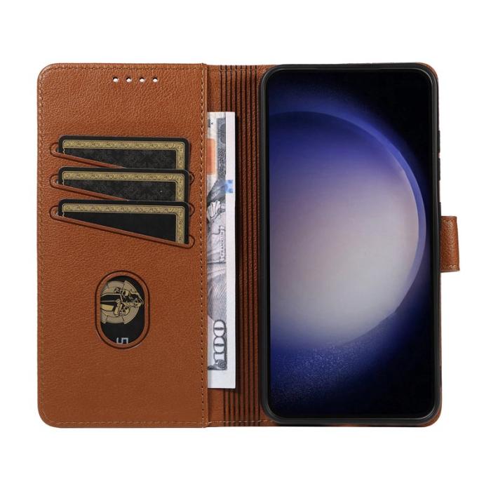 OEM - LITCHI Samsung Galaxy A35 5G Fodral Äkta Läder RFID Skydd - Brun