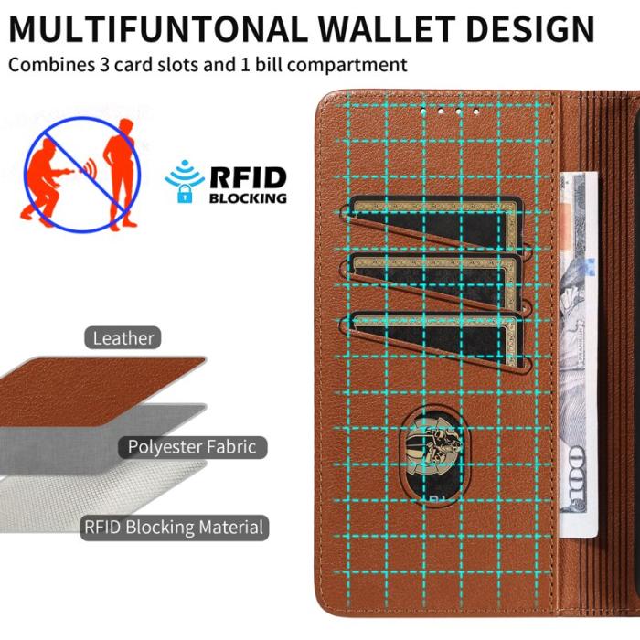OEM - LITCHI Samsung Galaxy A35 5G Fodral Äkta Läder RFID Skydd - Brun