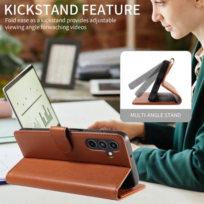 OEM - LITCHI Samsung Galaxy A35 5G Fodral Äkta Läder RFID Skydd - Brun