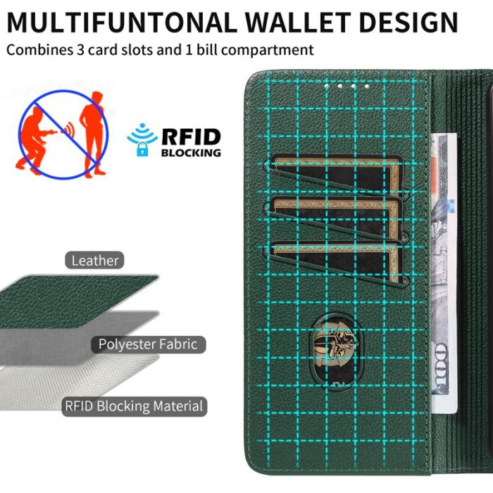 OEM - LITCHI Samsung Galaxy A35 5G Fodral Äkta Läder RFID Skydd - Grön