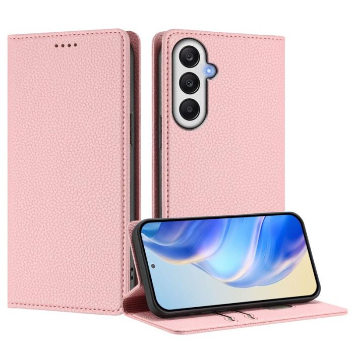 OEM - LITCHI Samsung Galaxy A35 5G Fodral Äkta Läder RFID Skydd - Rosa
