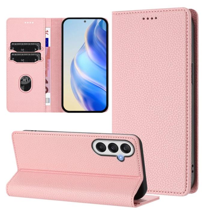 OEM - LITCHI Samsung Galaxy A35 5G Fodral Äkta Läder RFID Skydd - Rosa