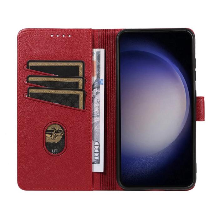OEM - LITCHI Samsung Galaxy A35 5G Fodral Äkta Läder RFID Skydd - Vinröd